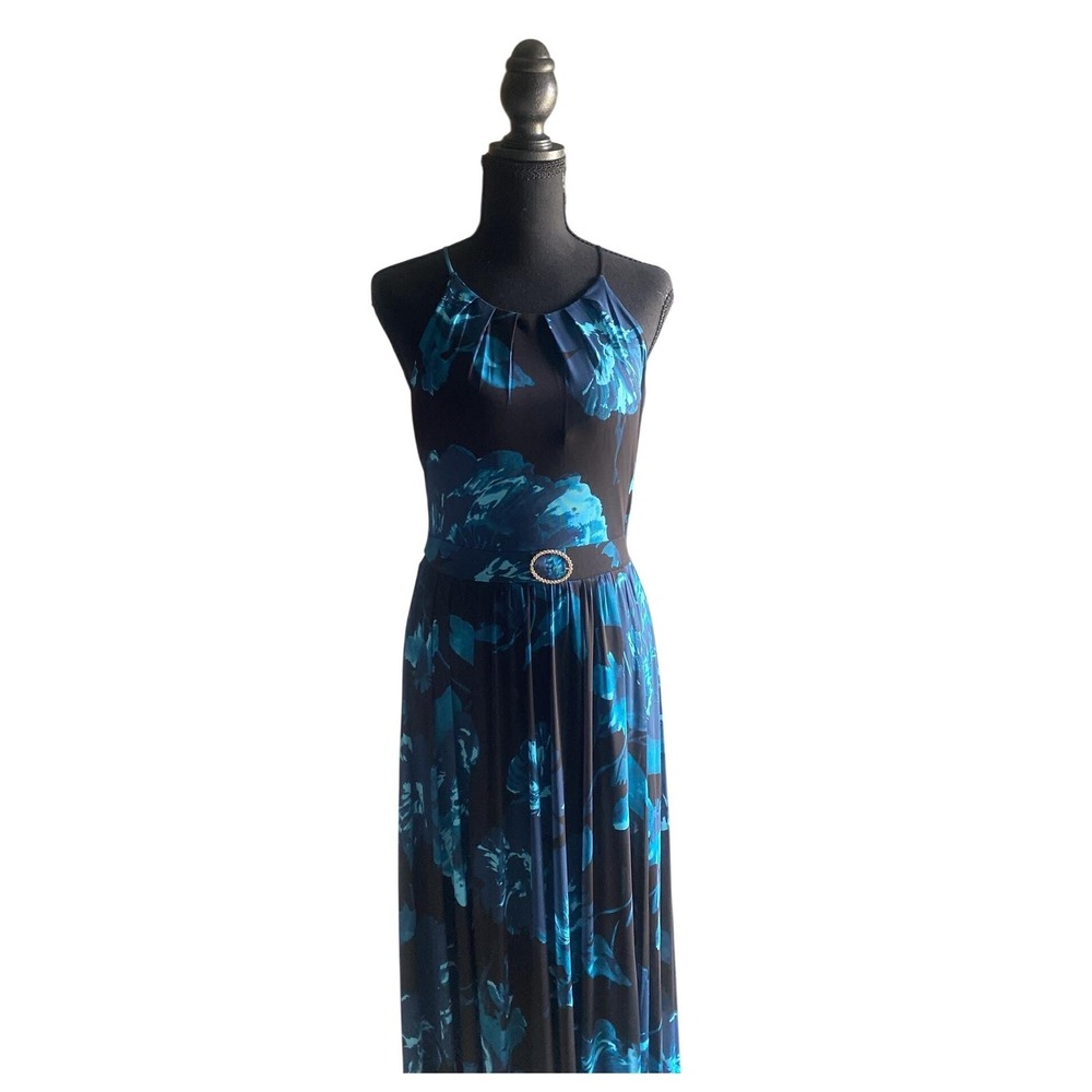 Alexa B Floral Halter Maxi Dress‎ Teal Blue Rhinestone Buckle Size 6